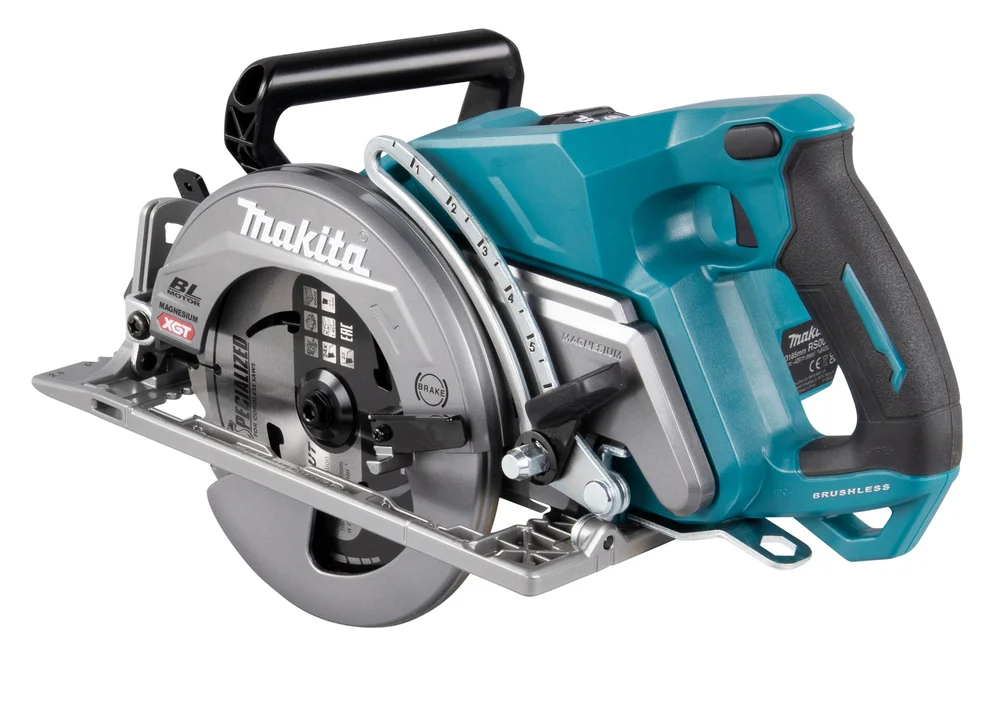 Makita RS001GZ - Ręczna pilarka tarczowa, z tylnym uchwytem, zasilana akumulatorem 40 V max XGT, jest doskonałym wyborem do ciężkich zastosowań.