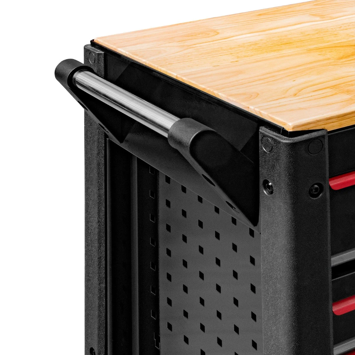 Airpress 79619 - Zastosowanie drewnianego blatu zwiększa trwałość i wytrzymałość wózka, który może pełnić też funkcję mobilnego stołu warsztatowego.